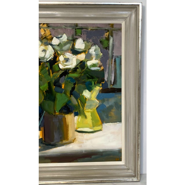 English Contemporary British Framed Oil Painting on Canvas (White Roses in Mustard Pot) For Sale - Image 3 of 12