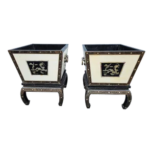 Pair of Chinese Lacquered and Dragon Decorated Jardinières on Stands