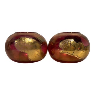 Vintage Italian Cristallerie Ruby Glass Candle Holders Gold Leaf, Italy- Set of 2 For Sale