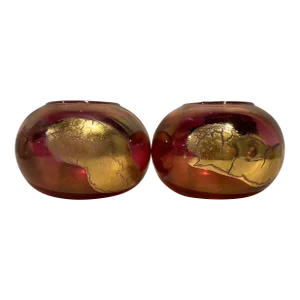 Vintage Italian Cristallerie Ruby Glass Candle Holders Gold Leaf, Italy- Set of 2