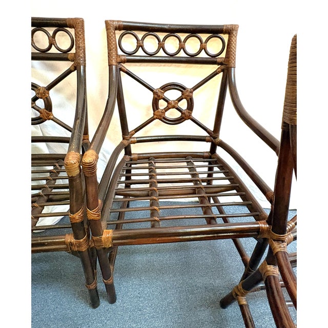 Vintage McGuire Inspired Target Back Style Bamboo and Rawhide Wrapped Arm Chairs With Cushions- Set of 4 For Sale In West Palm - Image 6 of 18