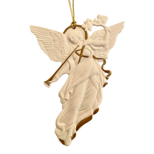 Vintage Wedgwood White Angel Ornament, Featuring a Gold-Toned Horn, 22k Gold Accents, and Its Original Blue Gift Box. For Sale