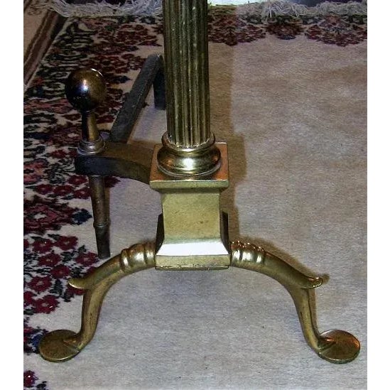 PRESENTING A GORGEOUS Pair of 19C Philadelphia Brass Andirons with Roman Columns and Ball Finials. Made in Philadelphia,...