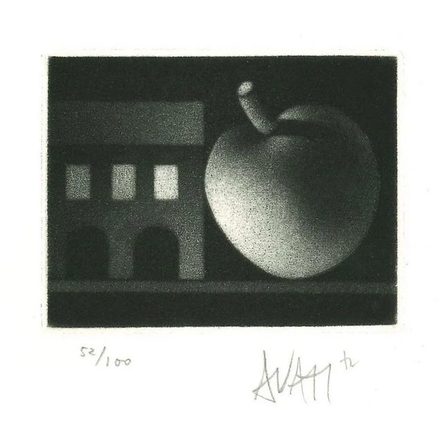 Apple and House is original etching on paper, realized by the French artist and print-maker master Mario Avati...
