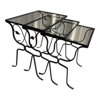 Vintage Art Deco Set of 3 Wrought Iron and Glass Garden Patio Nesting Tables For Sale