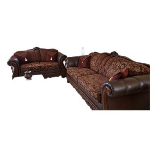 Ornate Traditional Burgundy Sofa & Loveseat Set For Sale