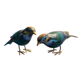 Pair of Vintage Chinese Cloisonné Enamel Bird Figurines Featuring Vibrant Blended Colors For Sale