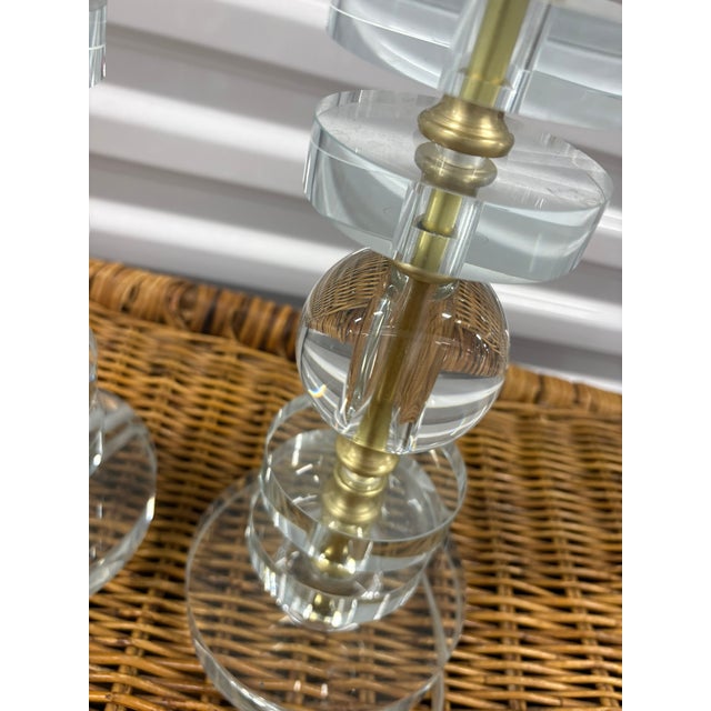 Swedish Style Stacked Crystal Glass and Brass Table Lamps - A Pair For Sale - Image 4 of 7