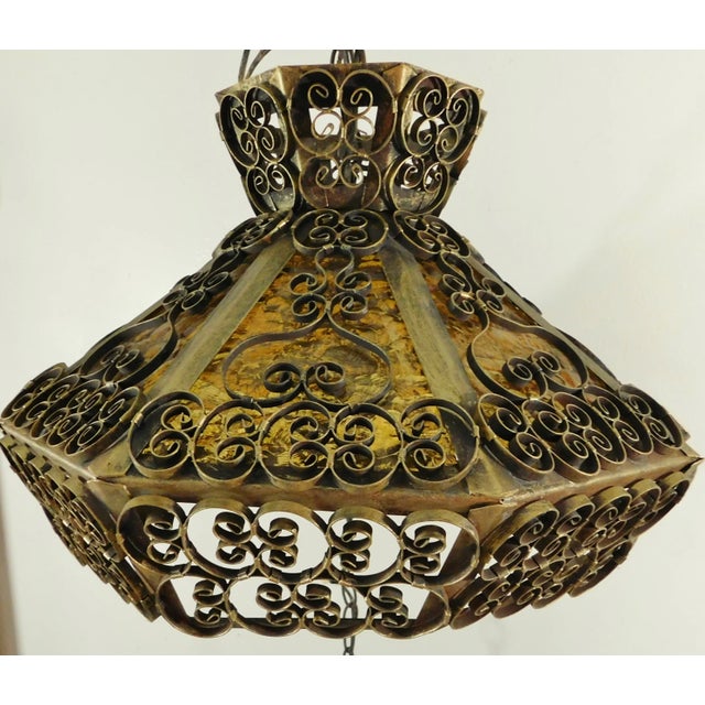 Mid-Century Modern Vintage Mid 20th Century Gold Wrought Iron Scroll Amber Stained Glass Octagon 4 Light Chandelier For Sale - Image 3 of 8