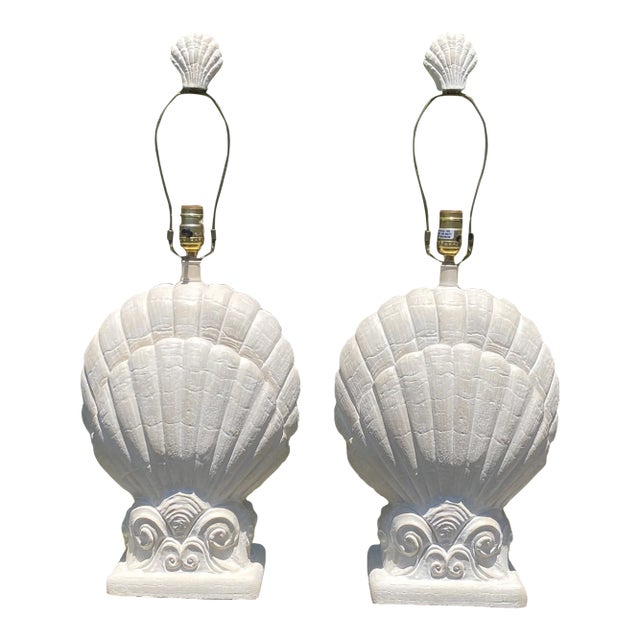 1990s Vintage Plaster Shell Lamp With Night Light - Set of 2 For Sale