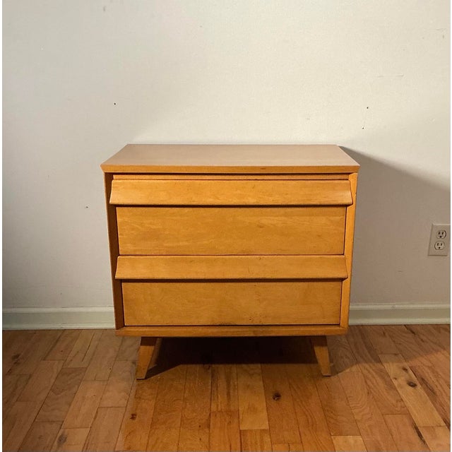 Fabulous Mid-Century Modern 2-drawer birch chest of drawers with full-width, angled wooden drawer lip pulls from...