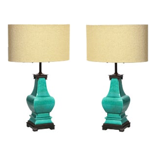 Mid-Century Modernist Ceramic Turquoise Jade Table Lamps W/ Bronze Fittings For Sale