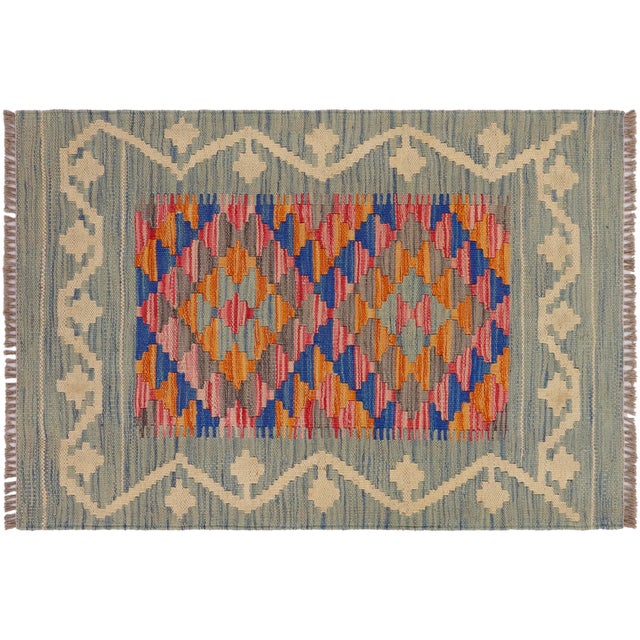 Boho Chic Turkish Kilim Blue Beige Hand-Woven Wool Rug For Sale - Image 9 of 9