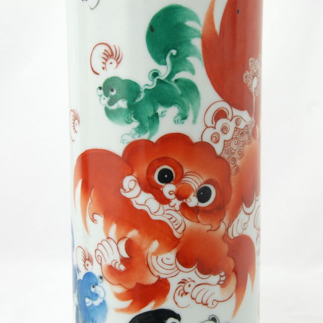 Mirror Pair of Cylindrical Vases/Hat Stands With Red Foo Lions With Other Colors For Sale In Phoenix - Image 6 of 11