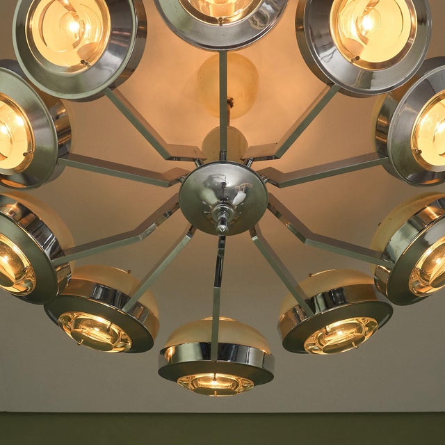 1970s Large Round 10-Armed Chandelier with Glass Lens Diffusors by Oscar Torlasco, Italy, 1970s For Sale - Image 5 of 13