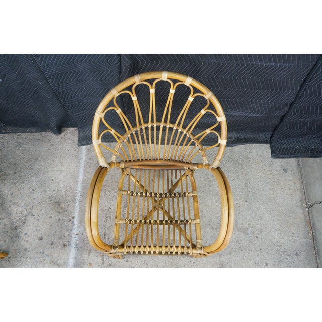 Pair Mid Century Modern Rattan Bamboo Armchairs Boho Sunburst Fan Back Chairs For Sale - Image 13 of 18
