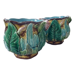 Antique French Majolica Liseron Cachepots, 1890s, Set of 2 For Sale