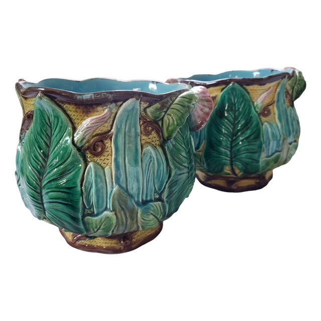 Antique French Majolica Liseron Cachepots, 1890s, Set of 2 For Sale