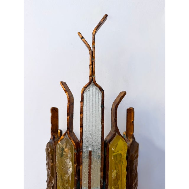 Mid-Century Modern Pair of Hammered Glass Wrought Iron Sconces by Longobard, Italy, 1970s For Sale - Image 3 of 12