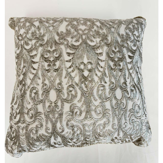 Turkish Ottoman Revival Silver Metallic Embroidered Linen Decorative Pillow For Sale - Image 4 of 16