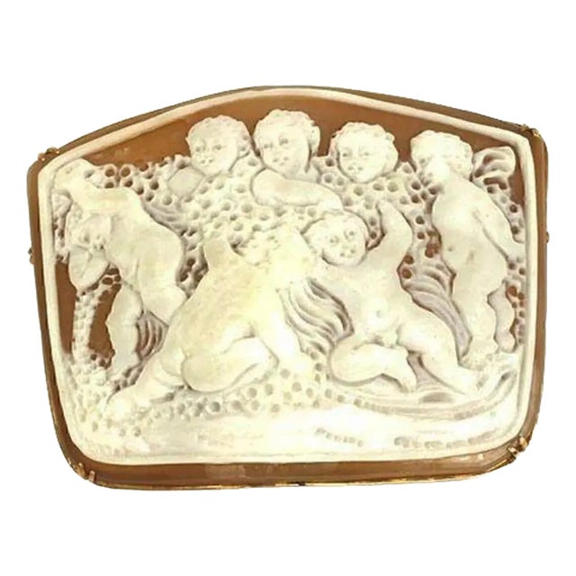 Carved Group of Cherubs Shell Cameo 18k Pink Gold Brooch Pendant For Sale