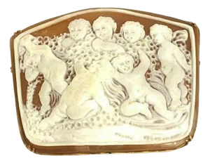 Carved Group of Cherubs Shell Cameo 18k Pink Gold Brooch Pendant