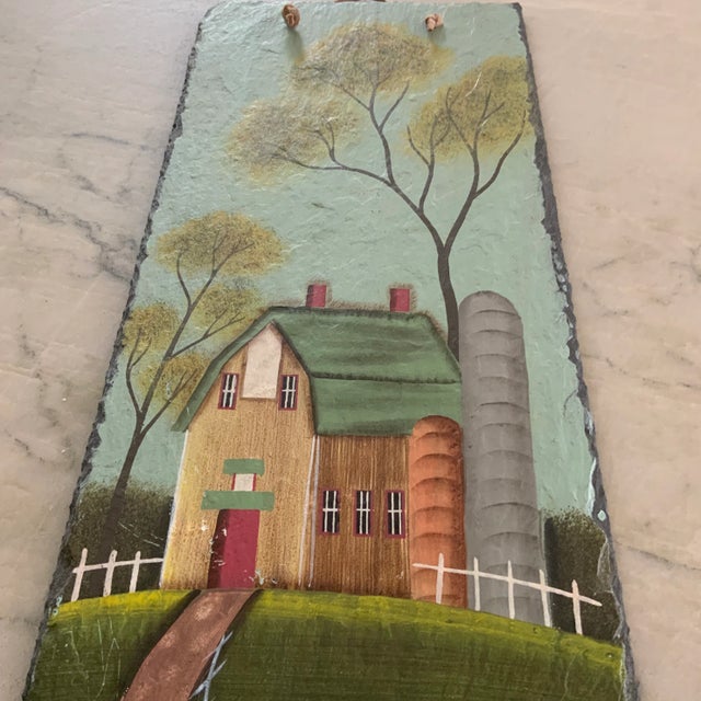 Shabby Chic Vintage Painting of Rustic Green Barn on Slate For Sale - Image 3 of 8