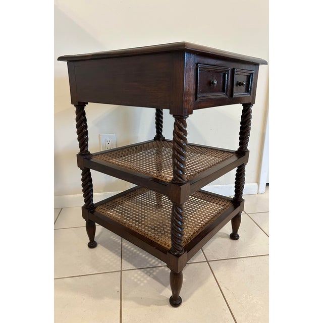 English Late 19th Century British Colonial Side Table-Antique Mahogany End Table-Three Tiered Caned Stand-Barley Twist Legs-Two Drawers For Sale - Image 3 of 12