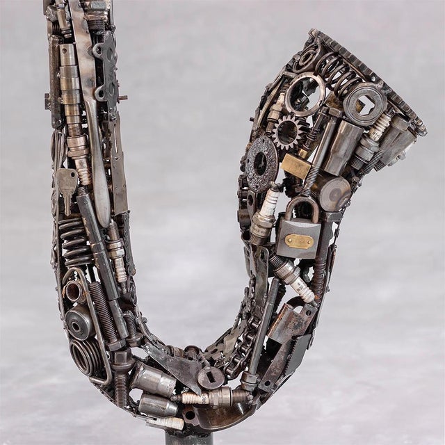 Arts & Crafts Premium Handcrafted Recycled Metal Saxophone Sculpture | 38" | One of a Kind For Sale - Image 3 of 9