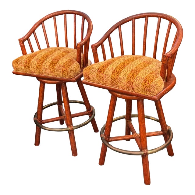 McGuire Furniture Curved Back Swivel Bar Stools, Pair For Sale