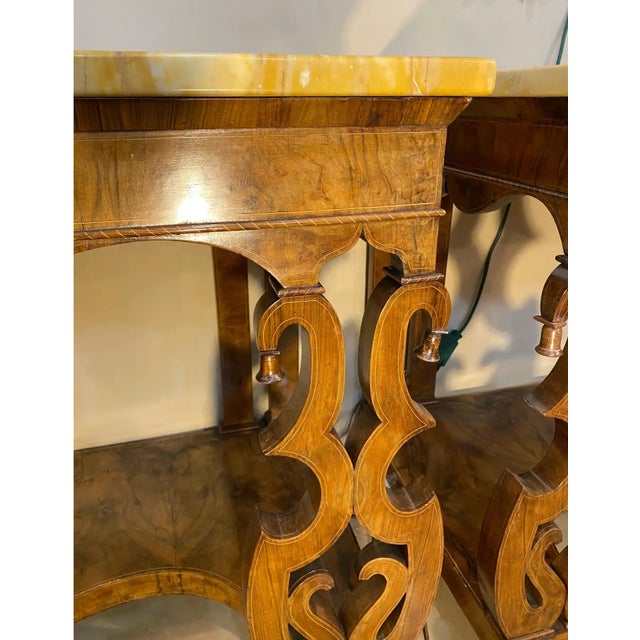 Pair of 19th Century Continental Inlaid Walnut Consoles With Yellow Onyx Tops For Sale In Richmond - Image 6 of 15