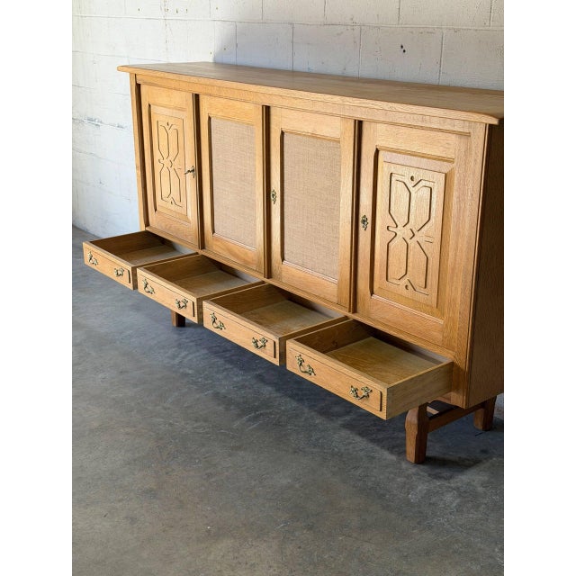 1970s In Style of Henning Kjærnulf Oak Sideboard Credenza With Carved Doors and Four Drawers Danish Mid-Century Modern 1970s For Sale - Image 5 of 12