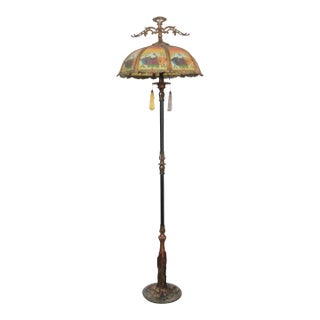 Period Mid 20th CenturyRestored Art Nouveau Reverse Painted Shade Brass Floor Lamp For Sale