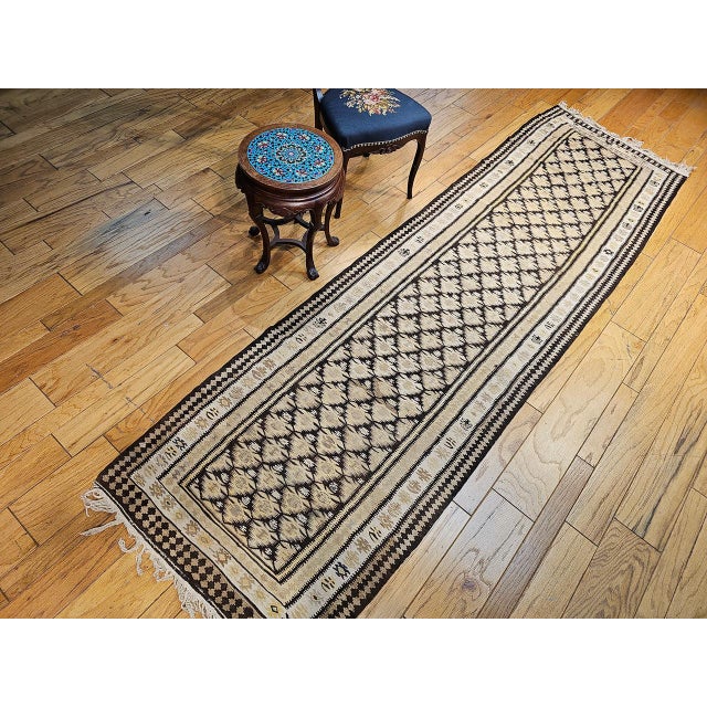 Vintage Persian Qazvin Tribal Kilim Runner, Handwoven Wool, Allover Paisley Pattern, Tan & Brown, 3x11 For Sale - Image 9 of 18