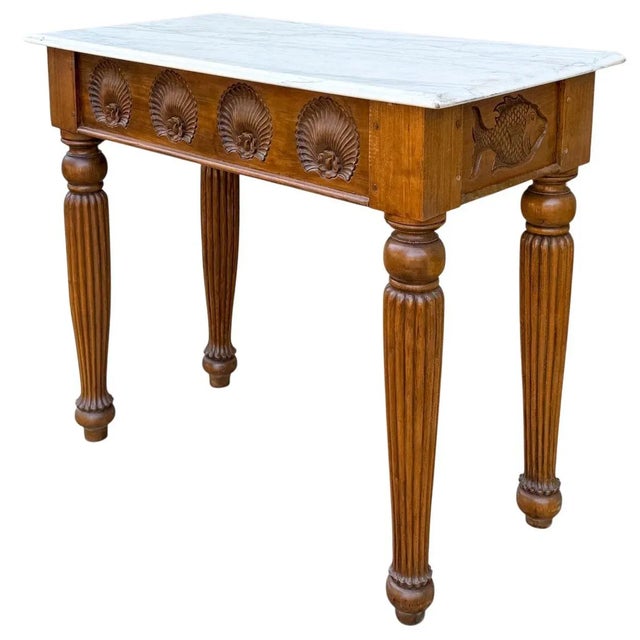 Brown Folk Art Inspired Carved Walnut Fish & Shell Motif Console Table W/ Marble Top For Sale - Image 8 of 8