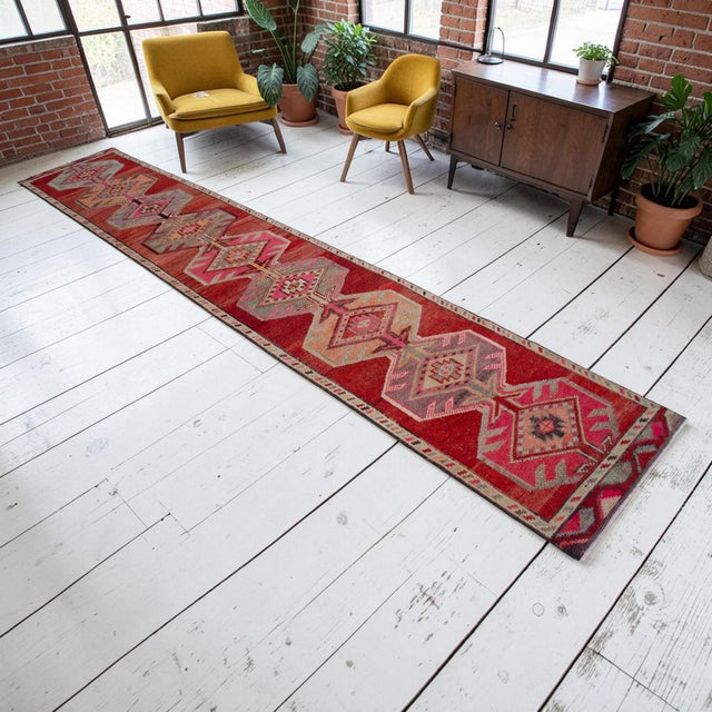 1950s Pink Turkish Hand-Knotted Runner Rug, Extra Long Narrow Hallway Decor 2x14 Ft Approx For Sale - Image 4 of 17