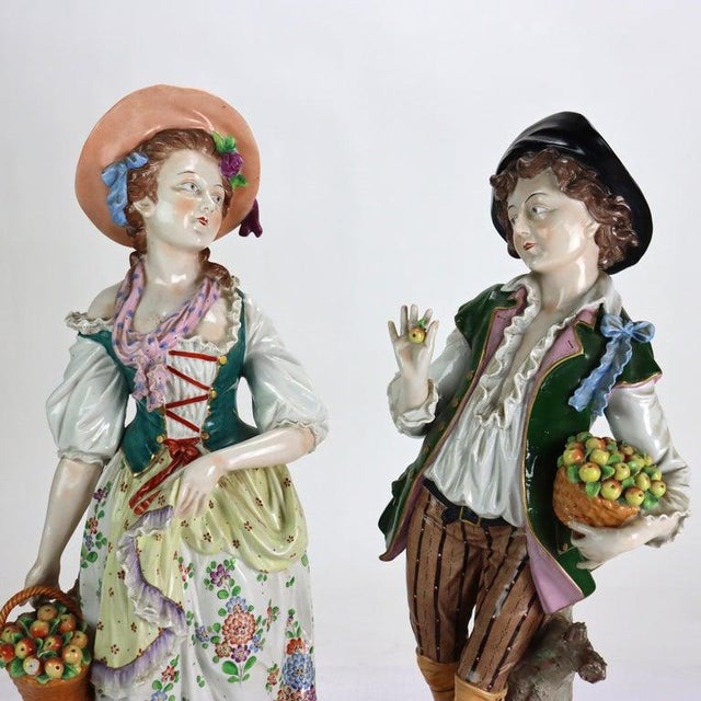 Pair Oversized Antique German Majolica Porcelain Figures of a Maiden & Lad C1920 For Sale - Image 6 of 16