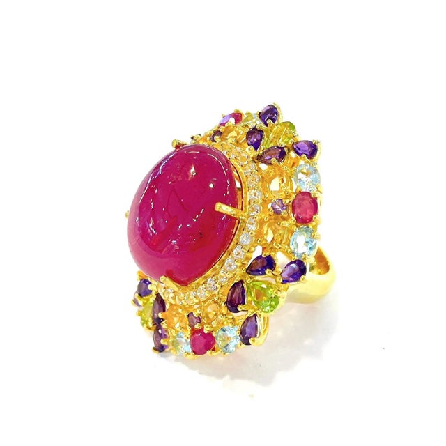 Baroque Bochic “Orient” Ruby & Fancy Multi Color Gems Large 18k Gold & Silver Cocktail Ring Size 10 For Sale - Image 3 of 3
