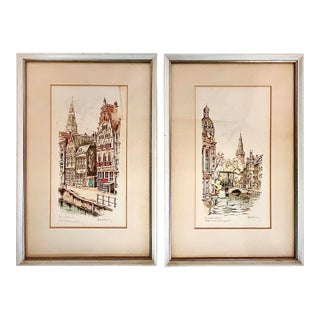 1950s Vintage Impressionist Dutch Signed Lithograph Amsterdam Prints - A Pair, Framed. For Sale