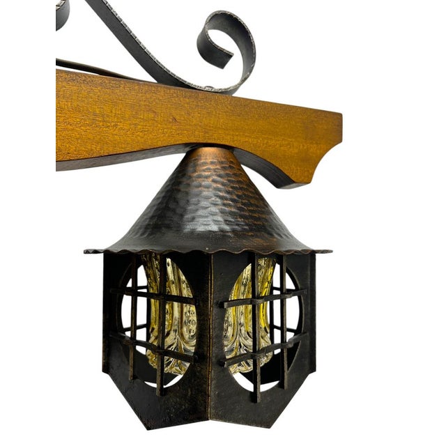 Mid-Century Modern Wrougt Iron and Wood Pendant Lamp, 1970s For Sale - Image 6 of 12