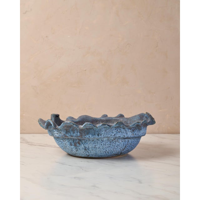 Organic Modern Decorative Bowl by Ank Studios in Textured Blue Ceramic For Sale - Image 4 of 12