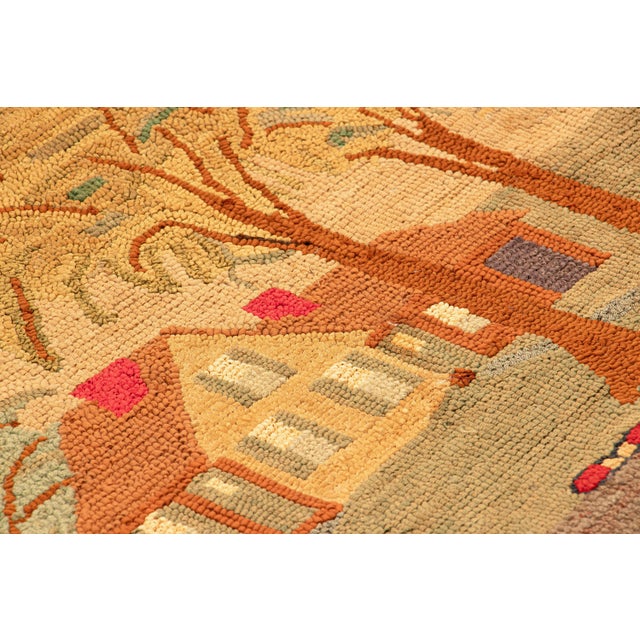 Traditional Antique Framed Hooked Rug, Beige and Green Country Home Pictorial - Rug & Kilim For Sale - Image 3 of 4