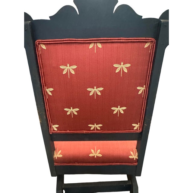Textile Vintage-Style Carved Wood Glider Rocker With Dragonfly Upholstery For Sale - Image 7 of 11