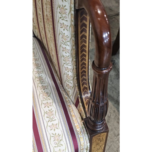 Late 20th Century Pair of Southwood Sheraton Tub Arm Chair Mahogany Frame Burl Maple Inlays Silk Fabric For Sale - Image 10 of 12