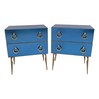 Mid-Century Style Blue Mirrored Chests of Drawers with Brass Details, 2000, Set of 2 For Sale