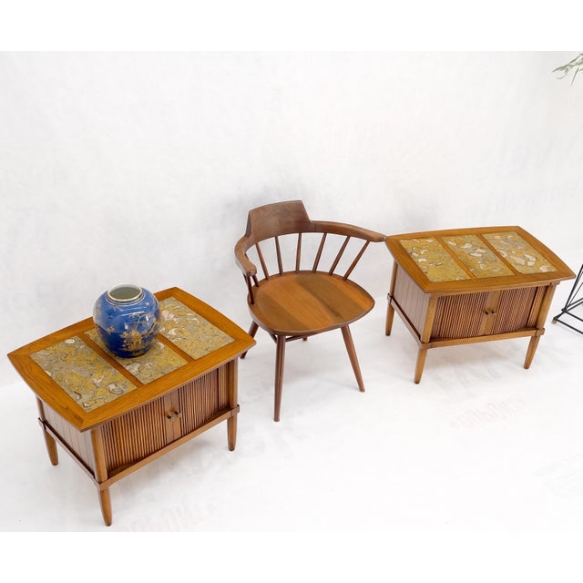Mid 20th Century Pair Tomlinson Tambour Door Fossil Marble Top Side End Night Stands Tables Mint! For Sale - Image 5 of 14