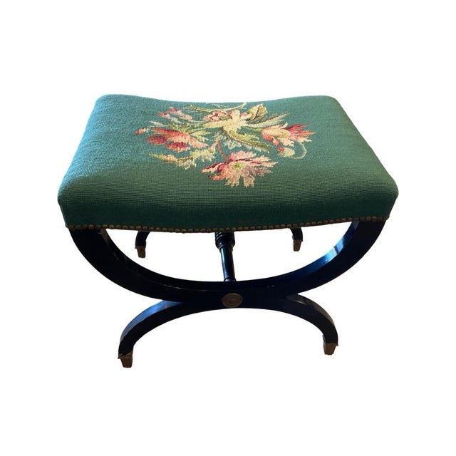 Early 20th Century Regency Style Teal Needlepoint Bench With Brass Feet For Sale - Image 4 of 8