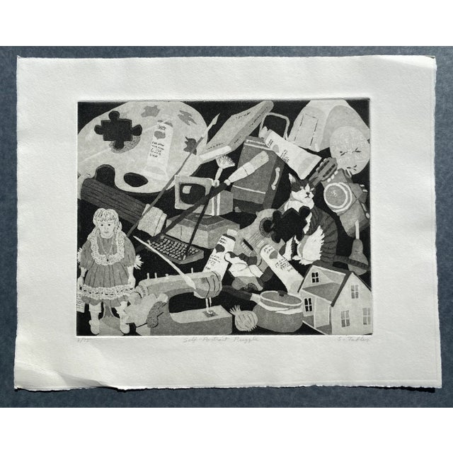 1990s "Self Portrait Puzzle" etching by Shirley Tabler. (1936-2020). Pencil signed, titled and numbered 8 of 75.