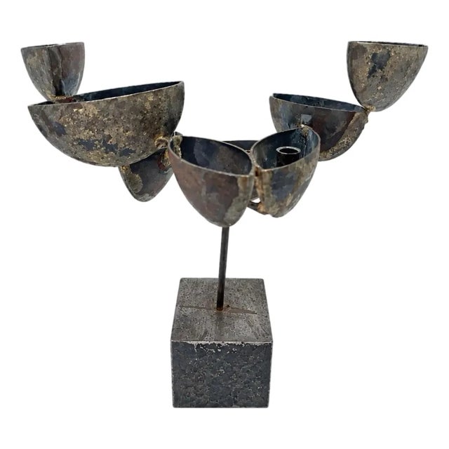 60s Artisan Made Mid Century Brutalist 8 Abstract Petals / 5 Candle Holder Danish Modern Candelabra For Sale