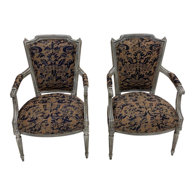 Painted French Armchairs With Fortuny Upholstery For Sale